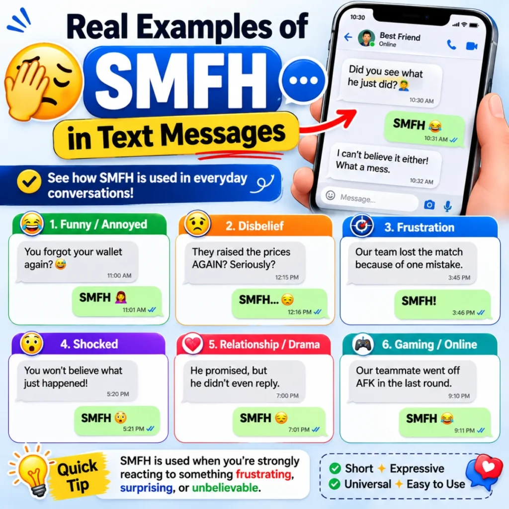 Real examples of SMFH in text messages showing everyday chat conversations, reactions, and the meaning of SMFH.