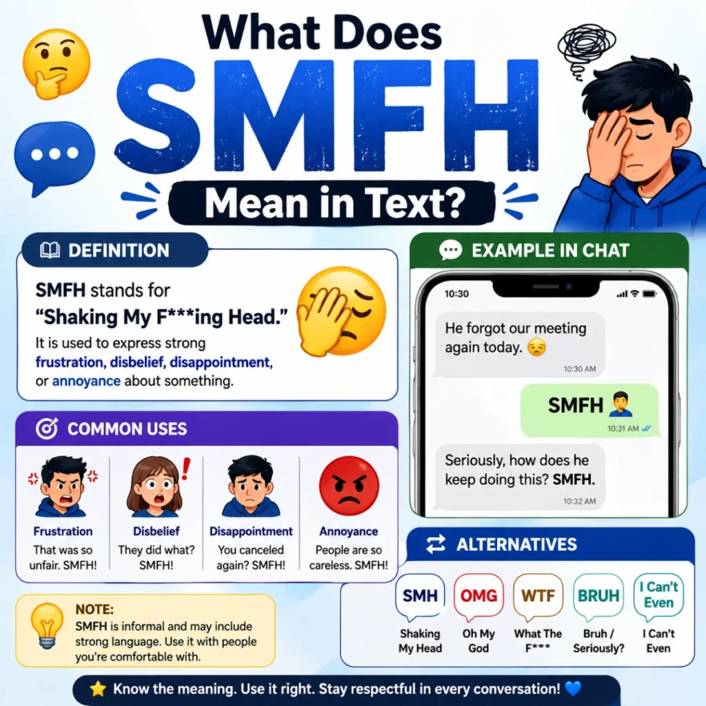 What does SMFH mean in text? Infographic with definition, chat example, common uses, and texting alternatives.