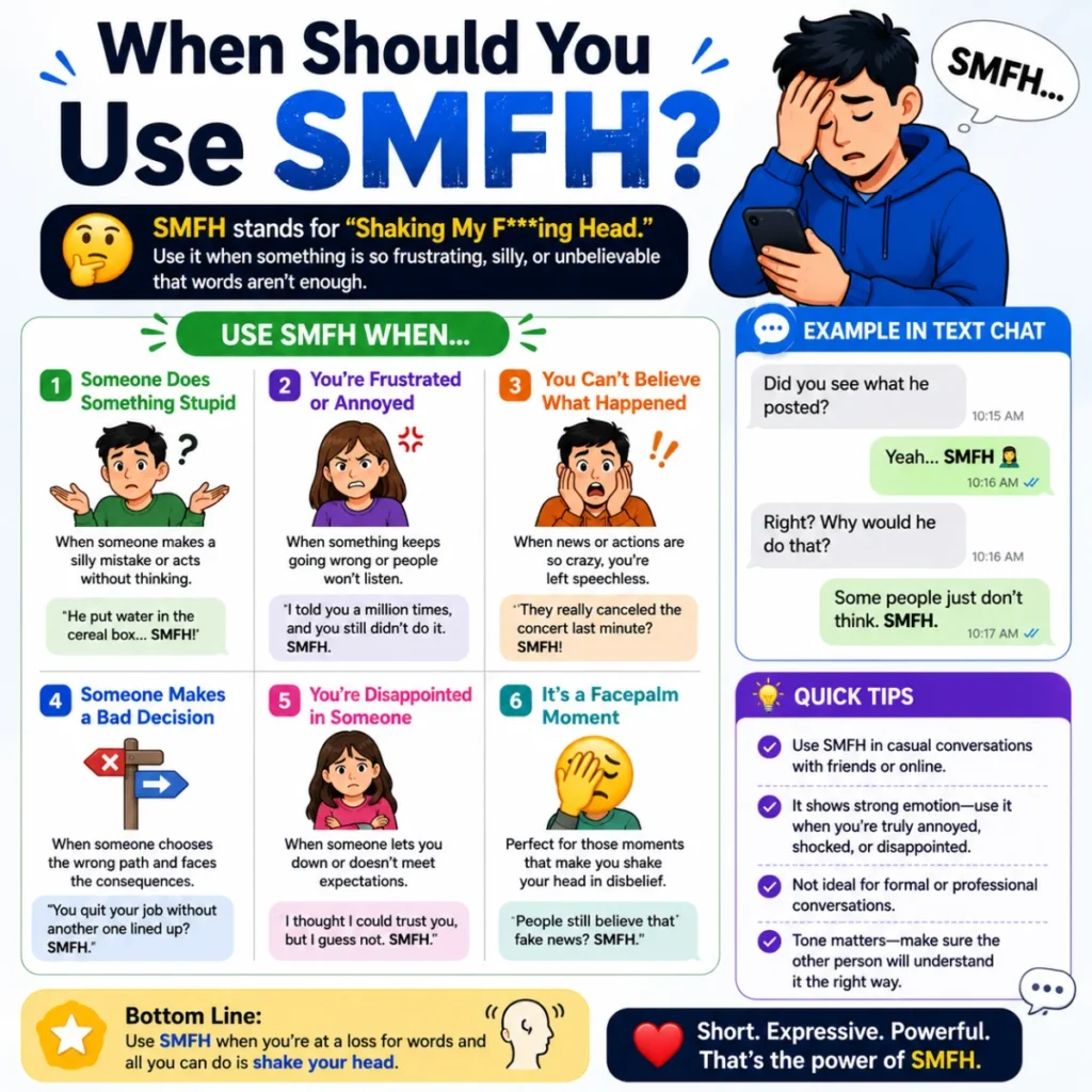 When should you use SMFH? Infographic with texting examples, common situations, and tips for using SMFH correctly.