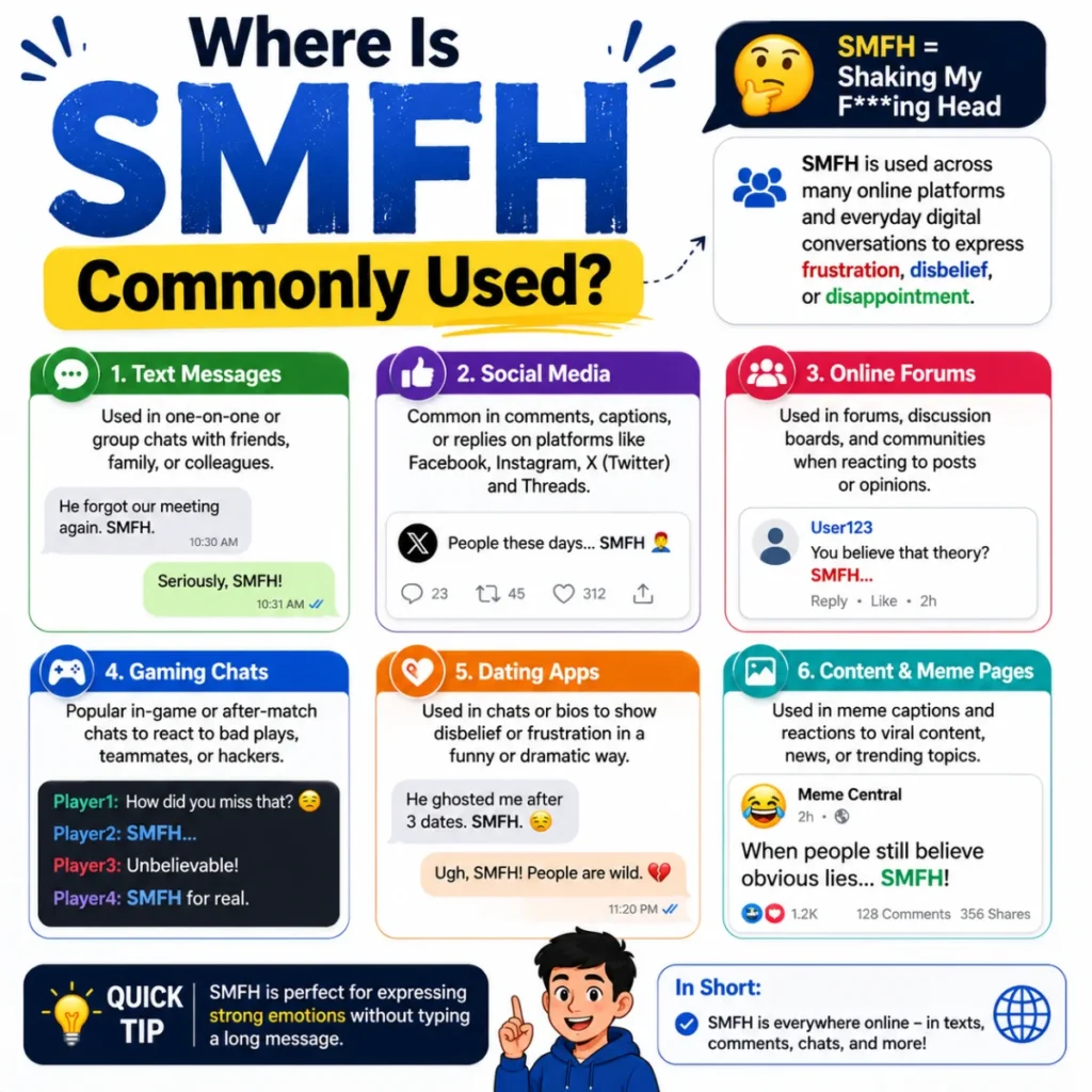 Where is SMFH commonly used? Infographic showing SMFH in text messages, social media, gaming, forums, and online chats.