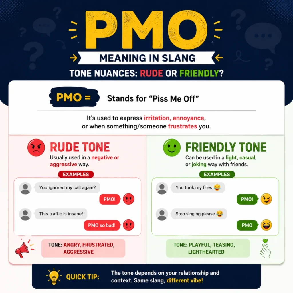 Tone Nuances: Is pmo meaning slang Rude or Friendly?