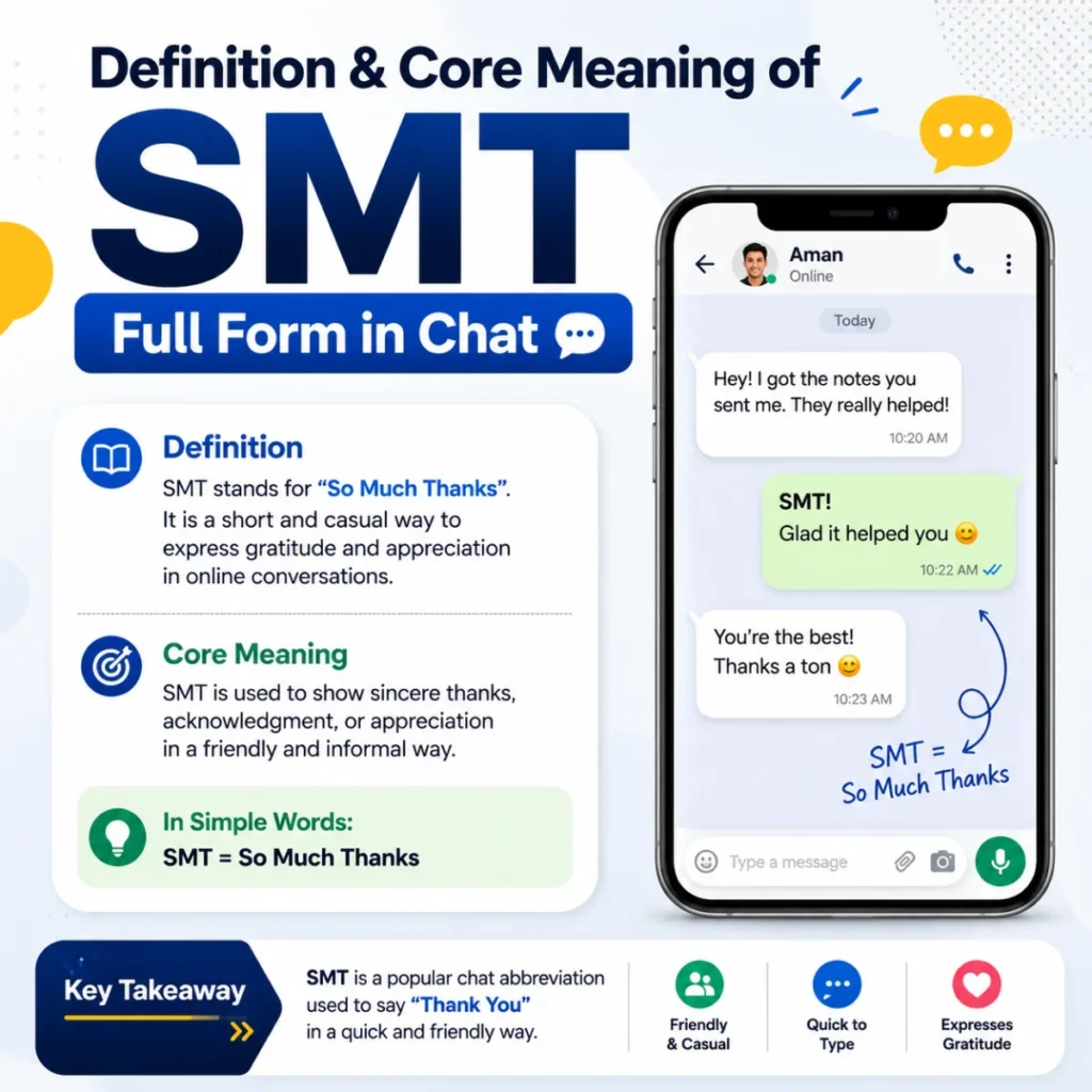 Definition and core meaning of SMT full form in chat with smartphone example and simple explanation of its usage