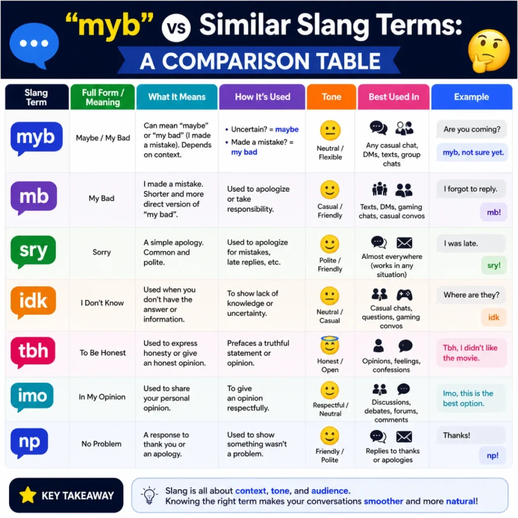 “myb” vs Similar Slang Terms: A Comparison Table