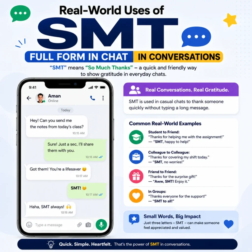 Real-world uses of SMT full form in chat with conversation examples and smartphone messaging illustration