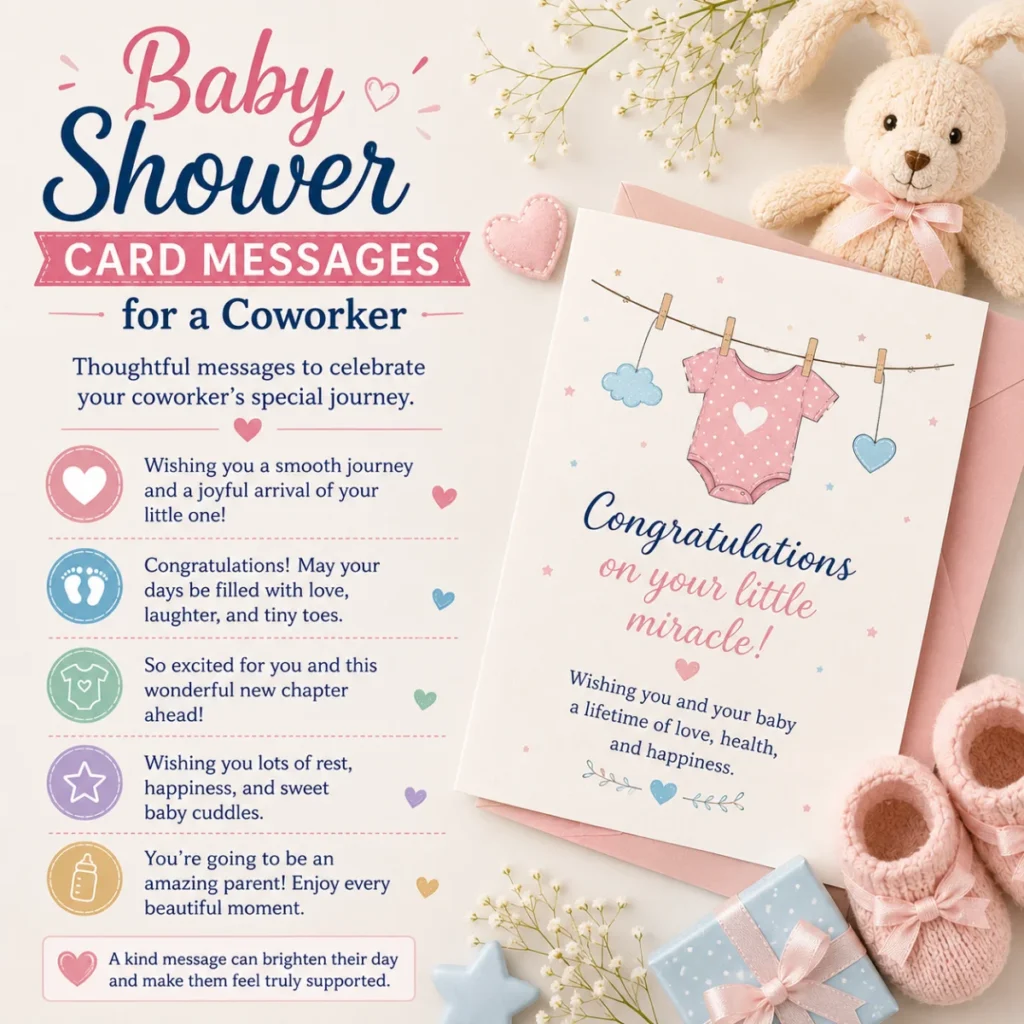 Baby shower card messages for a coworker with thoughtful wishes, greeting card, baby booties, and pastel baby decorations