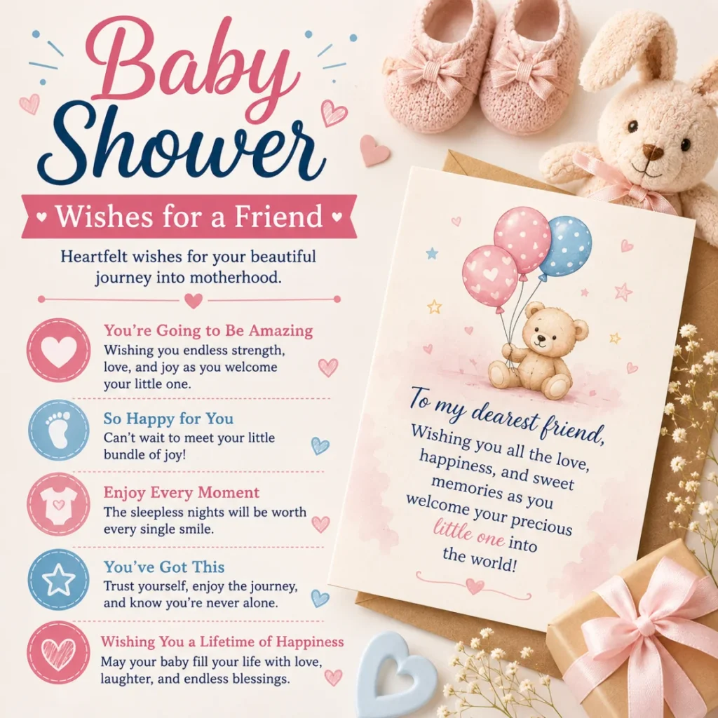 Baby shower wishes for a friend with heartfelt greeting card, teddy bear, baby booties, and pastel baby shower decor