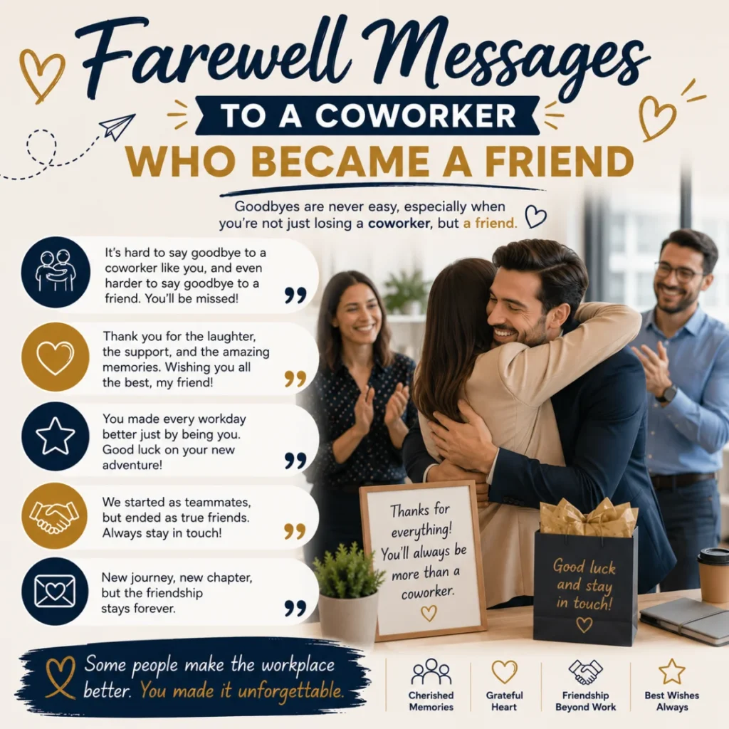 Farewell messages to a coworker who became a friend with heartfelt office goodbye and warm friendship wishes.