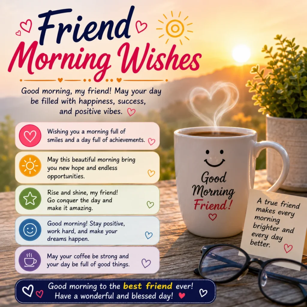 Friend morning wishes with sunrise, coffee mug, and cheerful good morning messages for a best friend