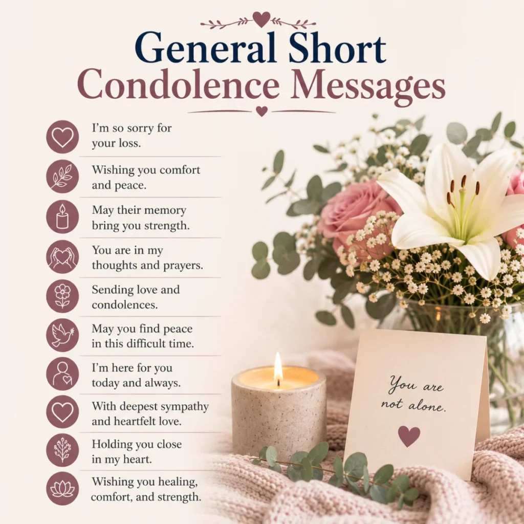 General short condolence messages image with flowers, candle, and comforting sympathy quotes