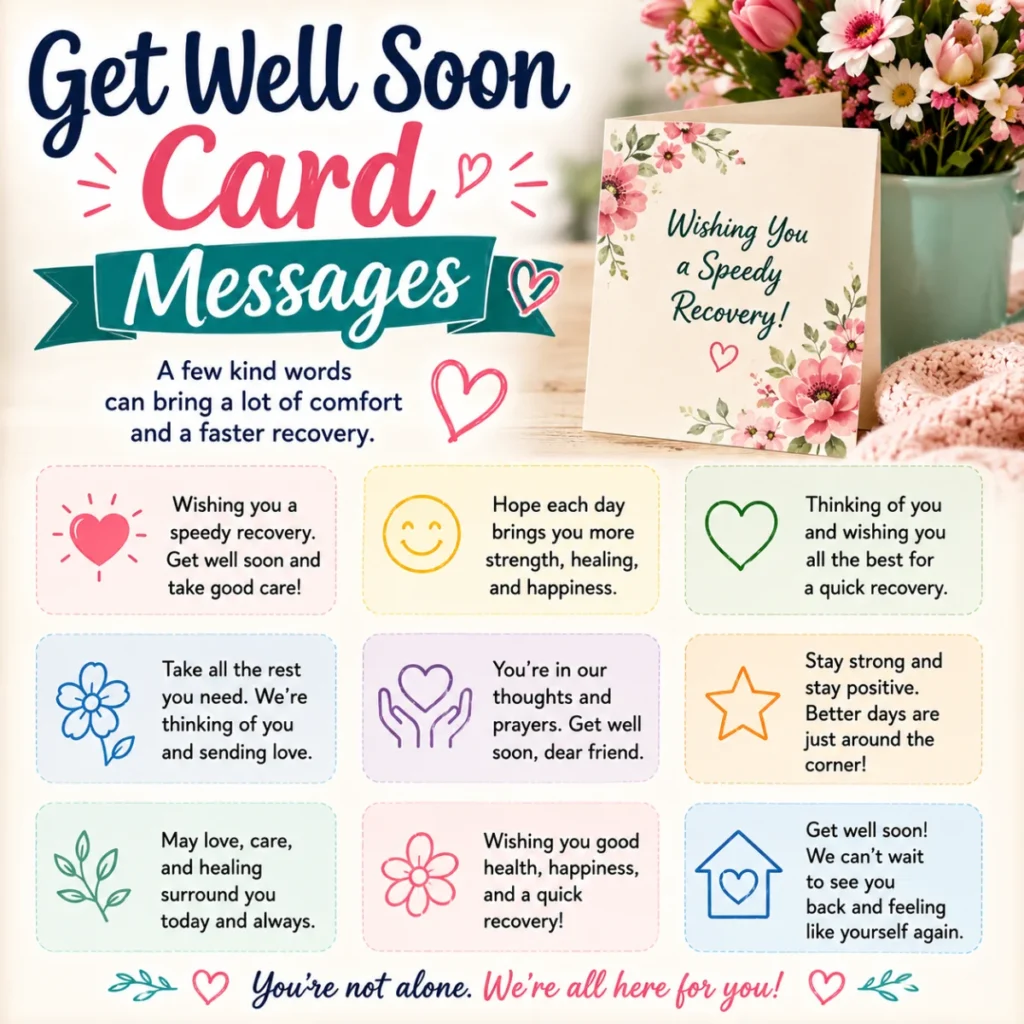 Get well soon card messages with heartfelt recovery wishes, greeting card, flowers, and thoughtful healing quotes