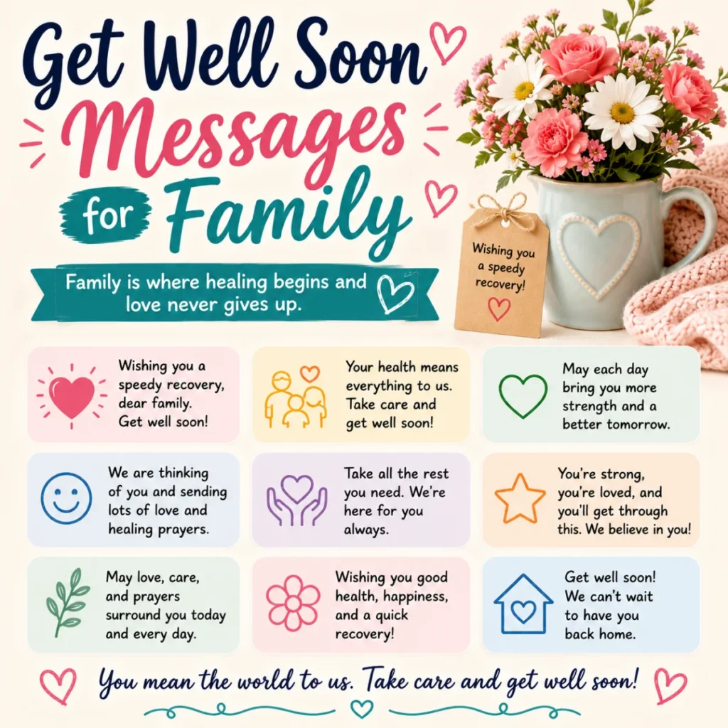 Get well soon messages for family with flowers, heartfelt recovery wishes, and caring greeting card inspiration