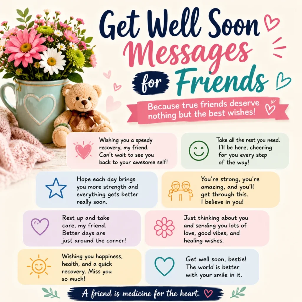 Get well soon messages for friends with flowers, teddy bear, and heartfelt recovery wishes for a speedy recovery