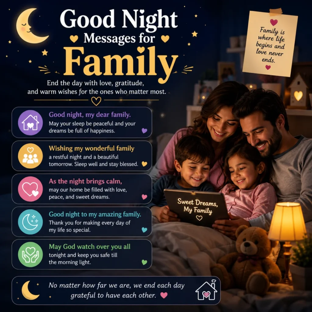 Good night messages for family with a cozy bedtime scene of parents and children sharing loving nighttime wishes.