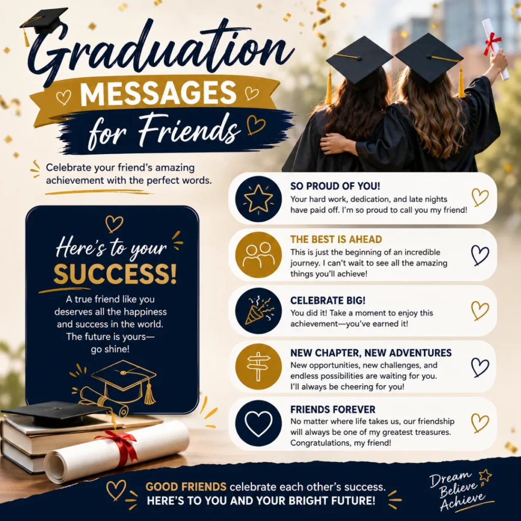 Graduation messages for friends image with graduates, diploma, and heartfelt friendship wishes for graduation success.