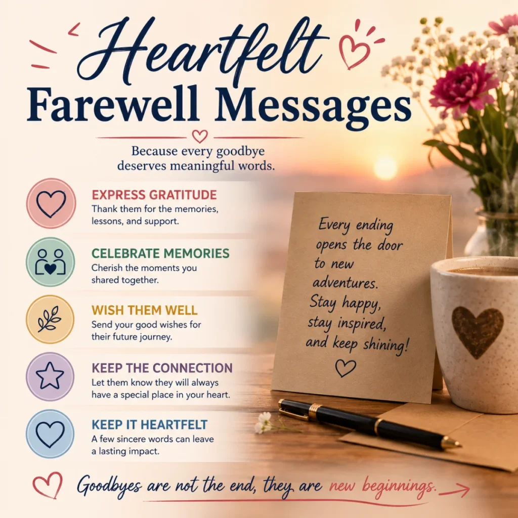Heartfelt farewell messages infographic with gratitude, memories, well wishes, and meaningful goodbye quotes