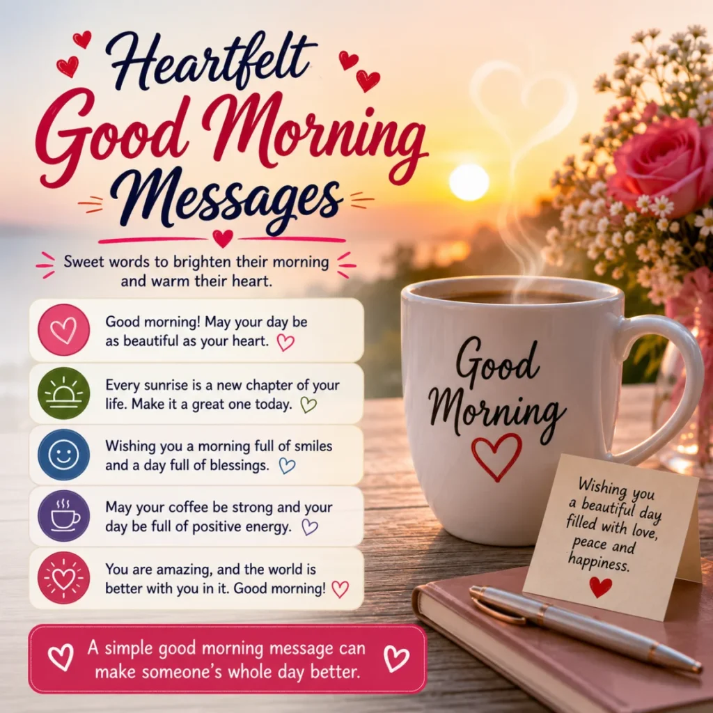 Heartfelt good morning messages with sunrise, coffee mug, flowers, and inspiring wishes to brighten someone's day