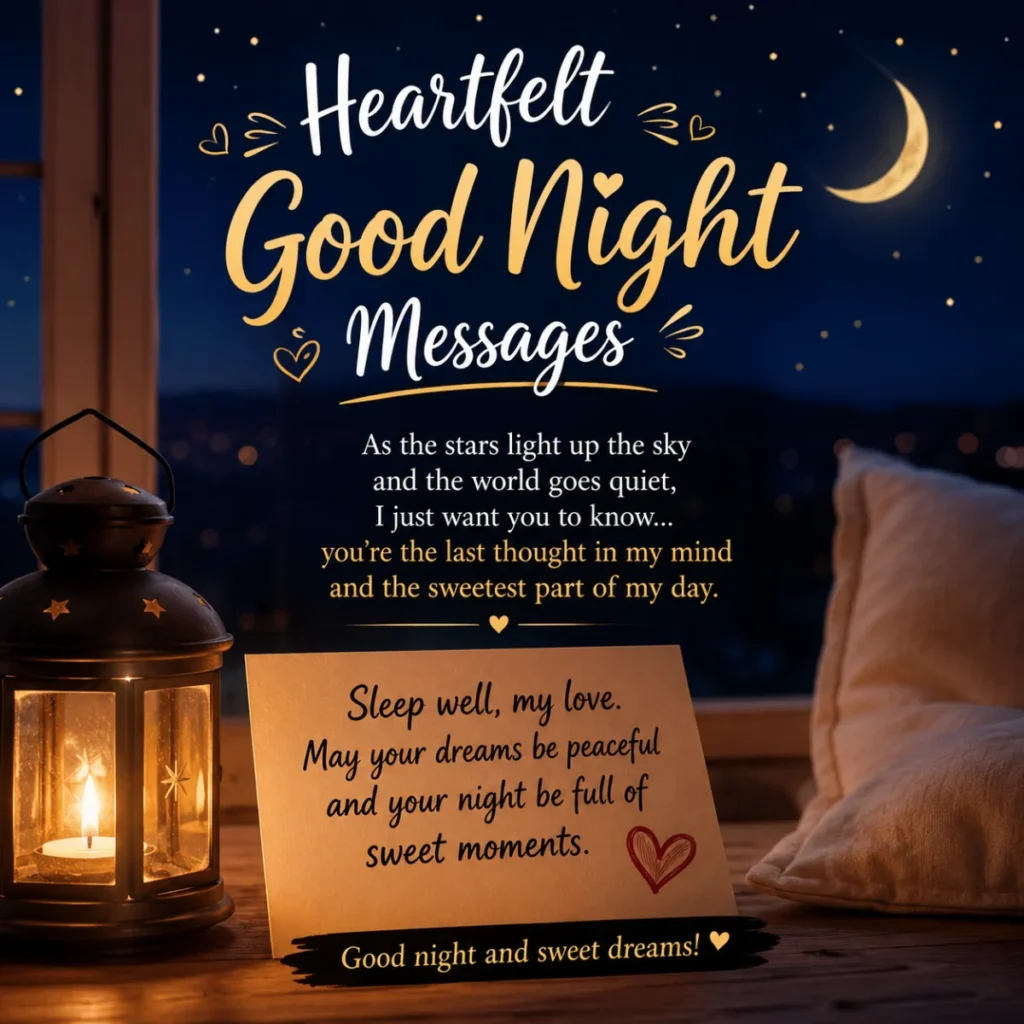 Heartfelt good night messages with moon, stars, candlelight, and loving wishes