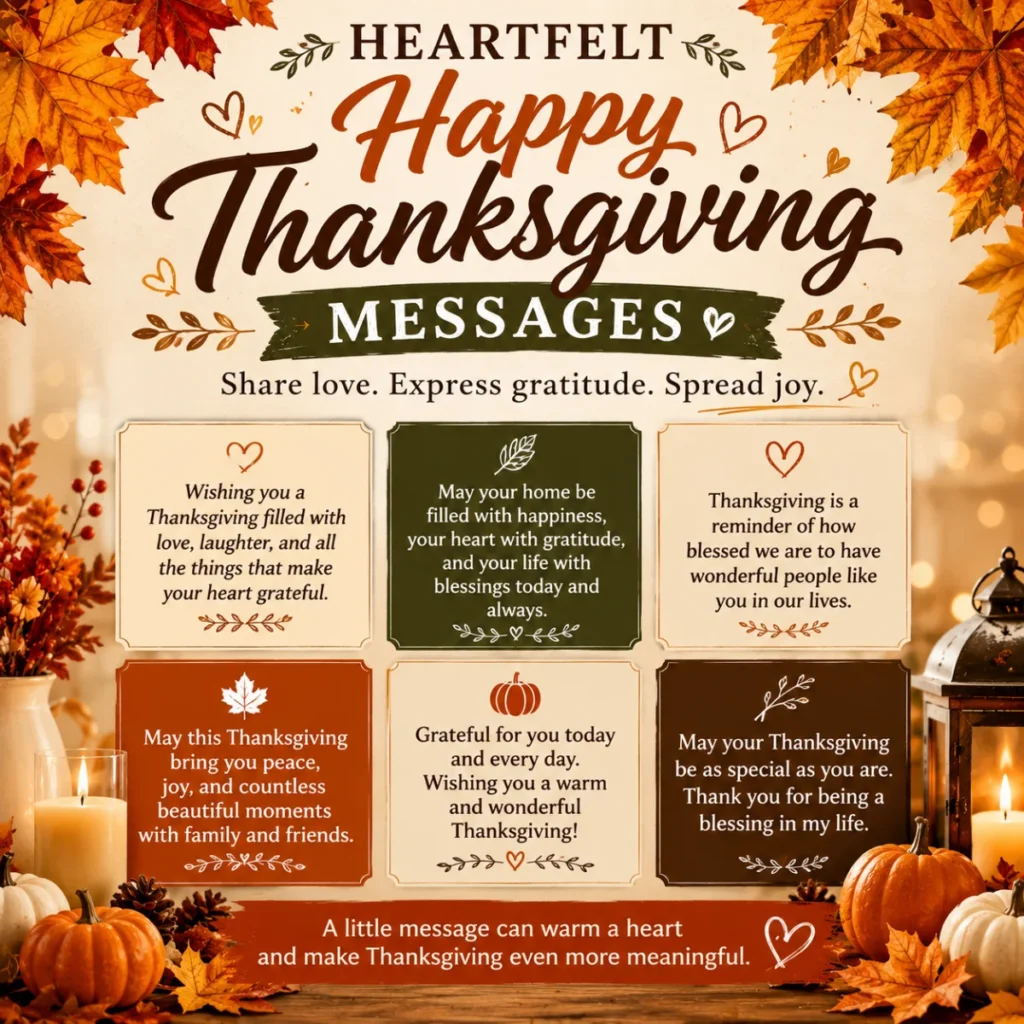 Heartfelt Happy Thanksgiving messages image with pumpkins, candles, autumn leaves, and gratitude wishes