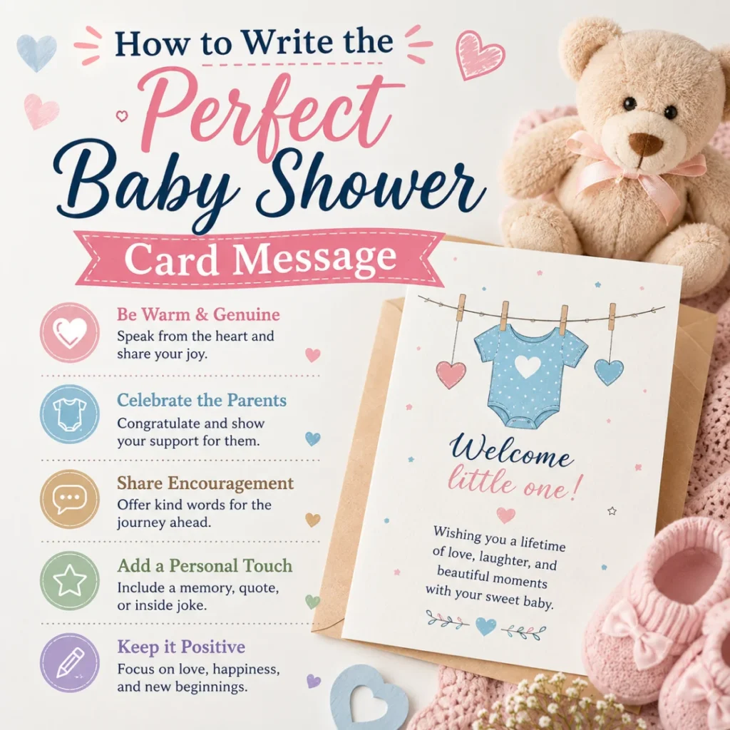 How to write the perfect baby shower card message with heartfelt tips, greeting card, teddy bear, and baby gifts