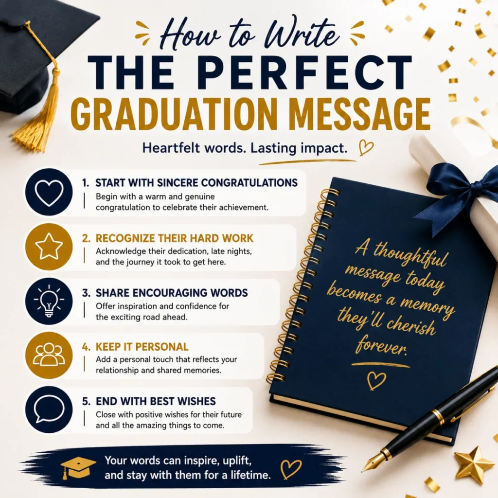 How to Write the Perfect Graduation Message infographic with graduation cap, diploma, and five simple writing tips.
