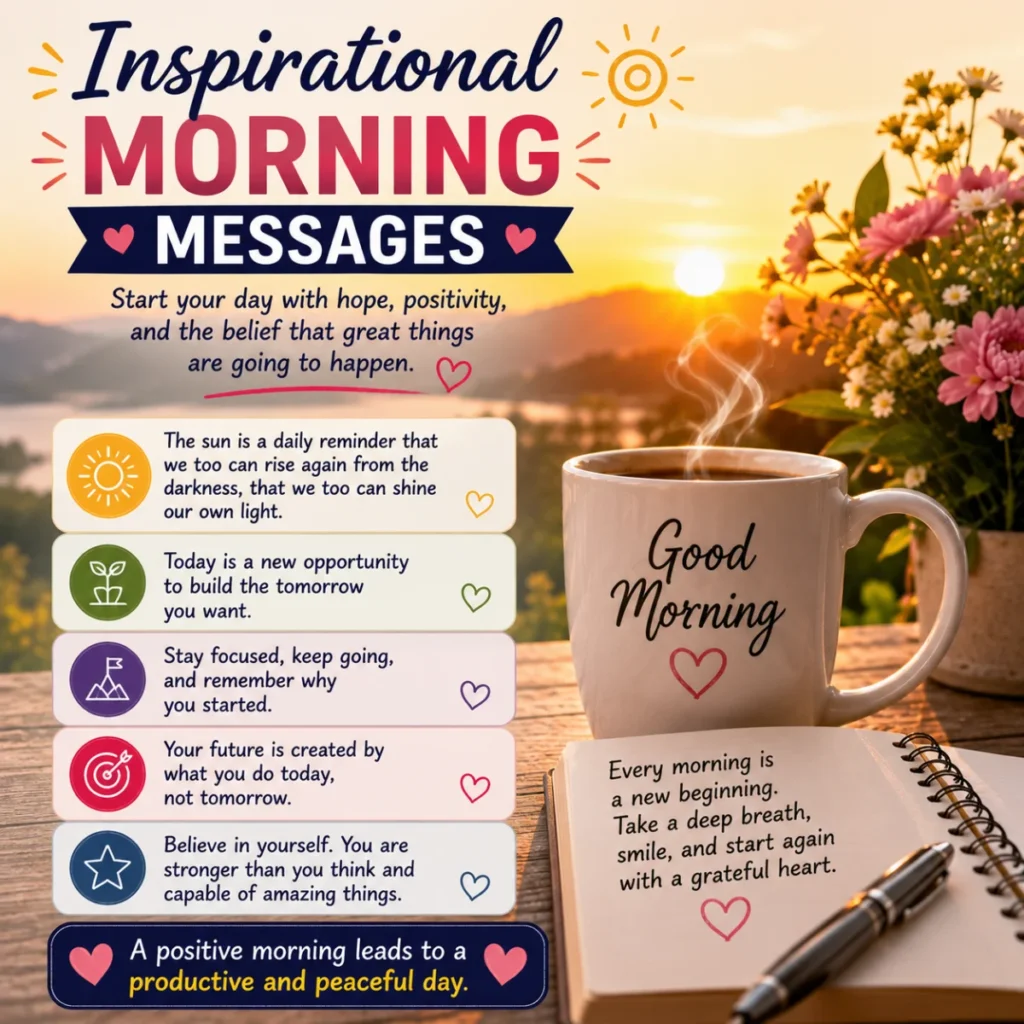 Inspirational morning messages with sunrise, coffee mug, and motivational quotes to start the day with positivity