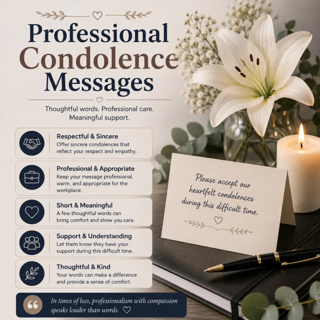 Professional condolence messages with sympathy card, white lily, candle, and workplace support guidance
