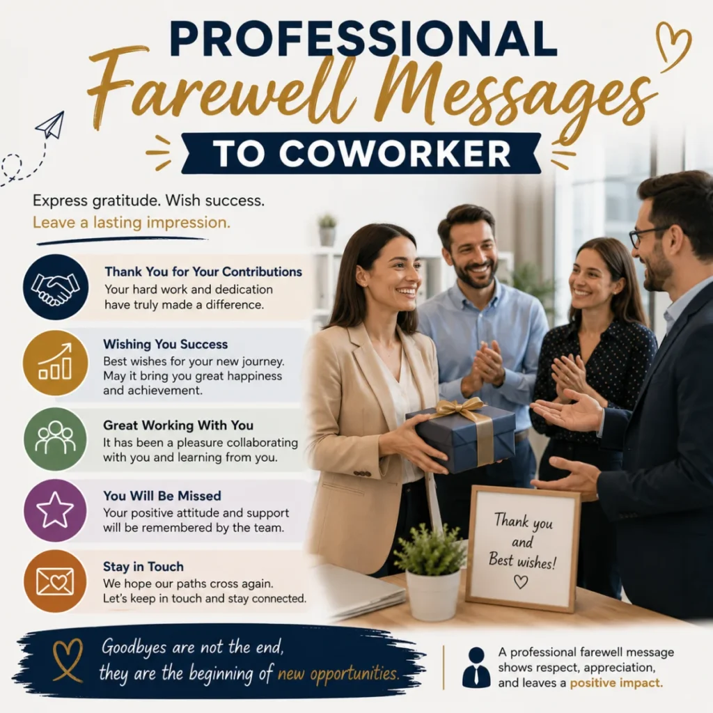 Professional farewell messages to coworker infographic with office goodbye celebration and thoughtful workplace wishes.