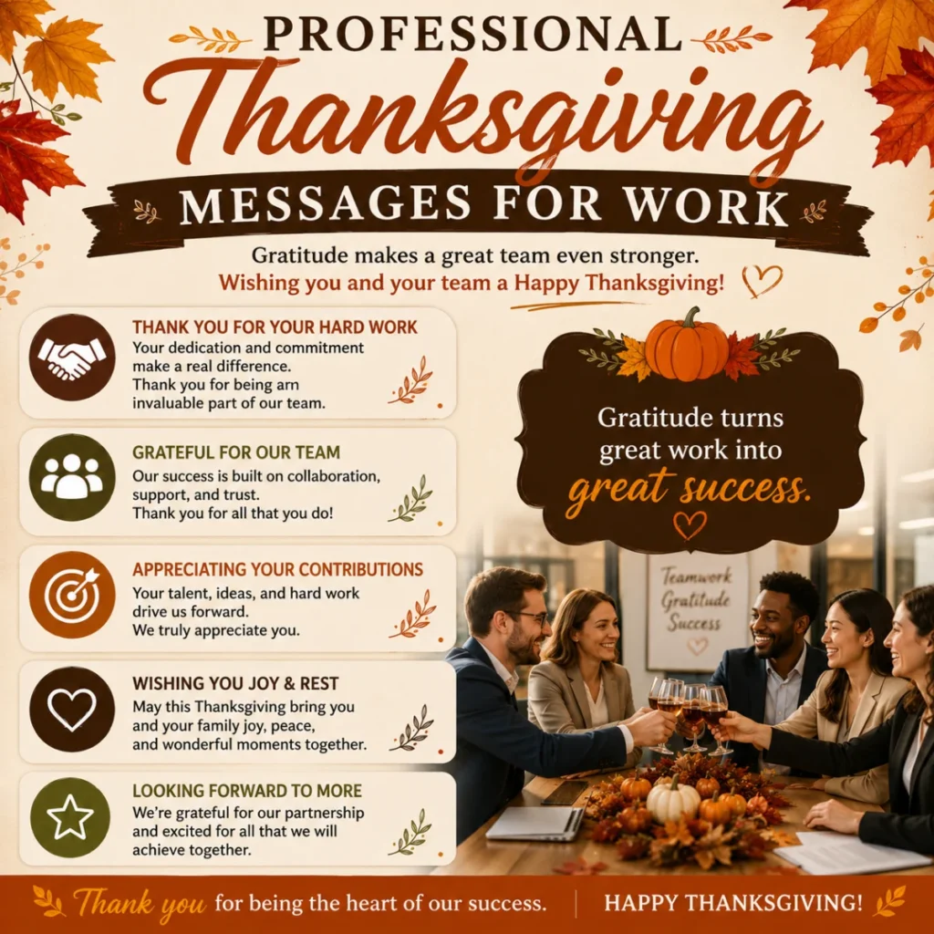 Professional Thanksgiving messages for work with colleagues, autumn decor, and workplace appreciation wishes