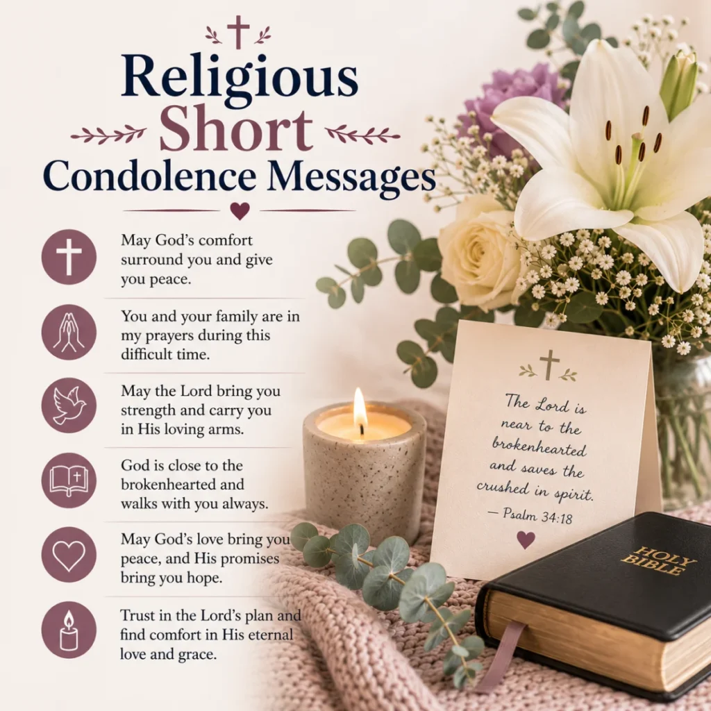 Religious short condolence messages image with Bible, candle, flowers, and faith-based sympathy quotes