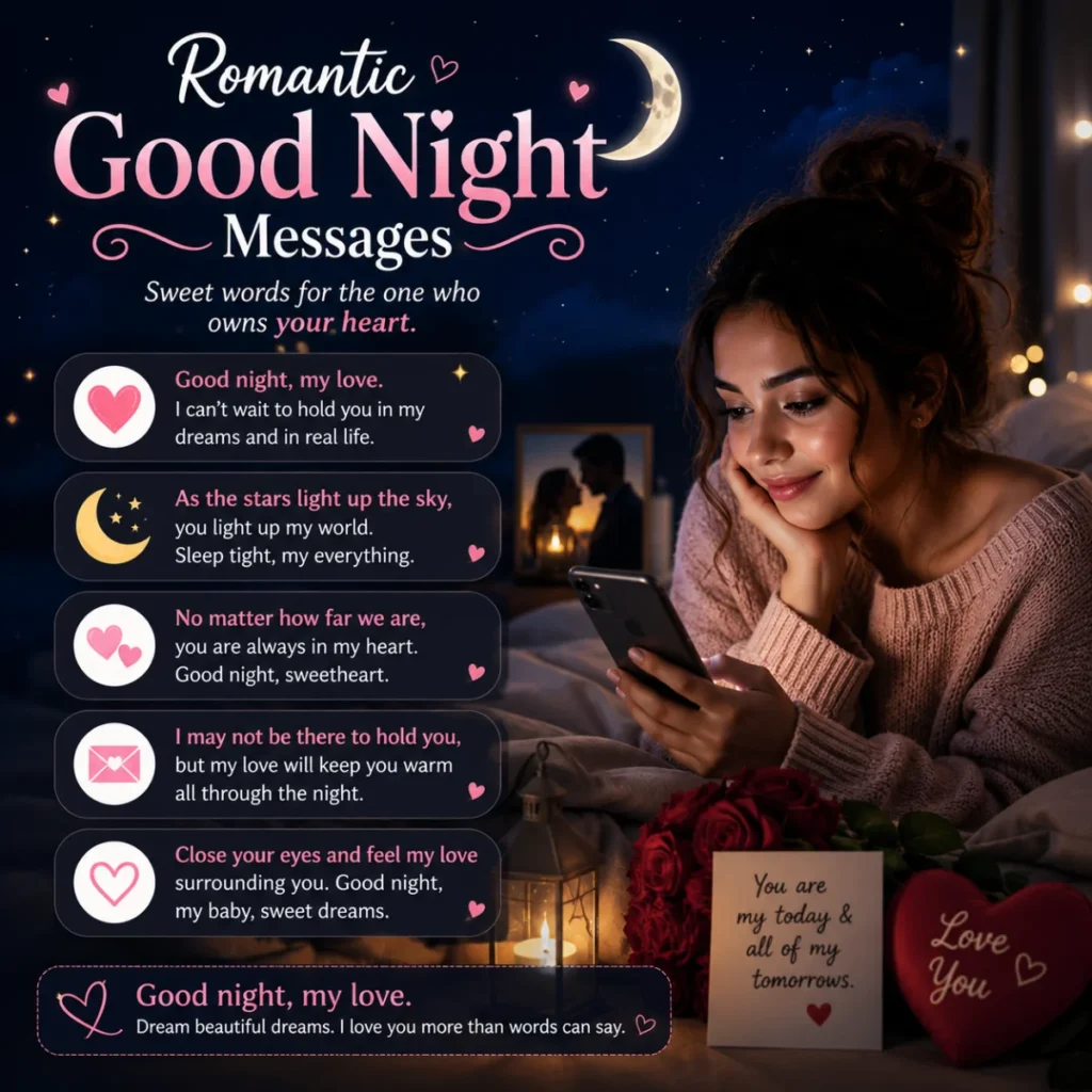 Romantic good night messages displayed on a cozy nighttime scene with a woman reading loving texts on her smartphone.