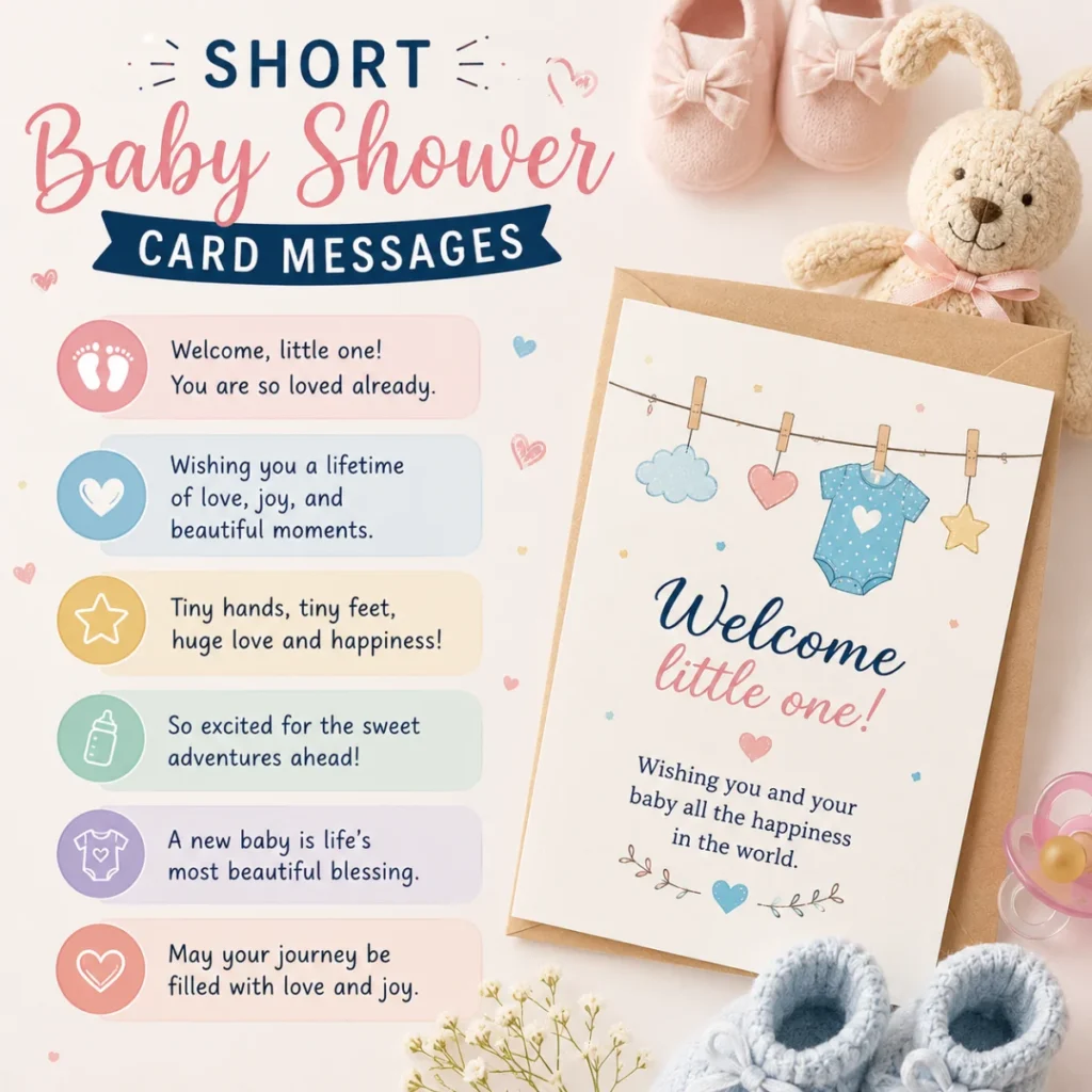 Short baby shower card messages with cute baby greeting card, bunny, booties, and heartfelt wishes in pastel design