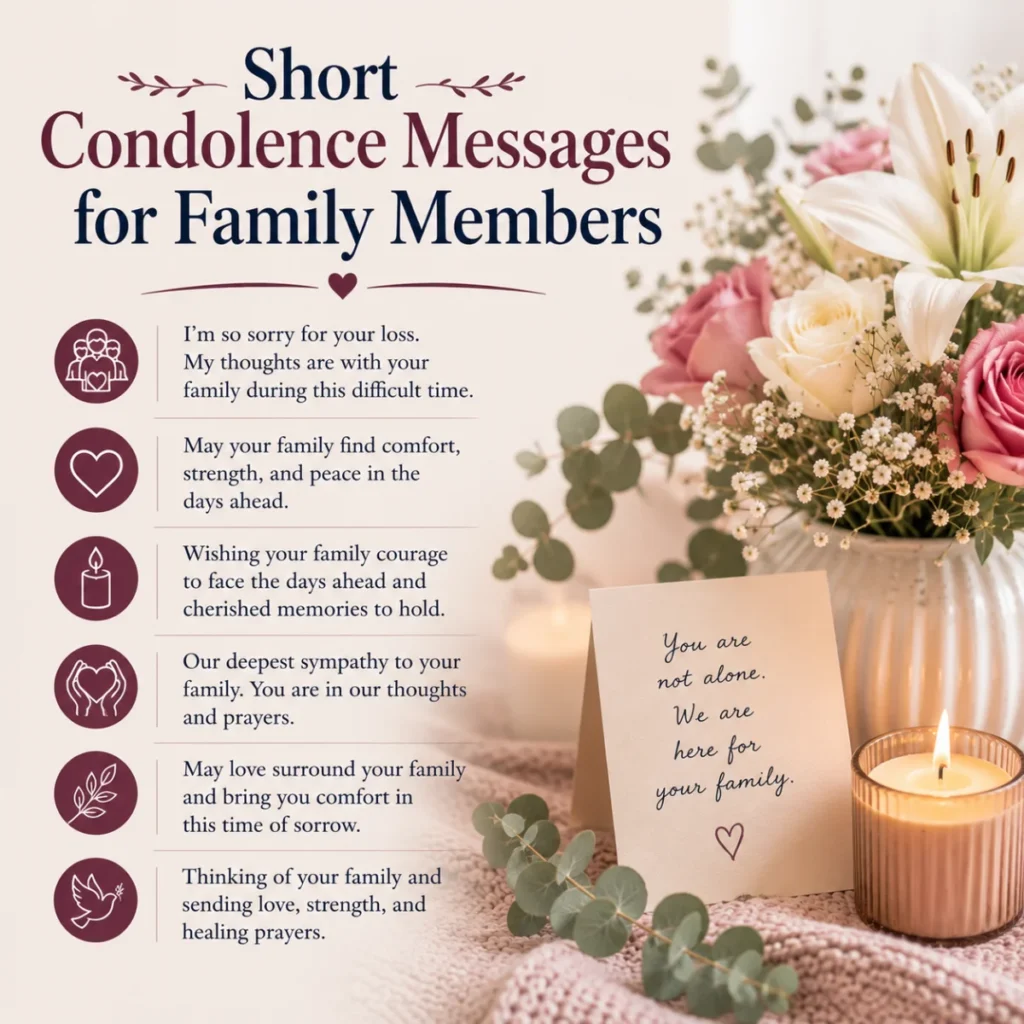Short condolence messages for family members image with flowers, candle, and heartfelt sympathy notes