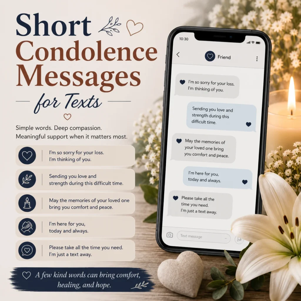 Short condolence messages for texts with smartphone, sympathy messages, candle, and white lily flowers