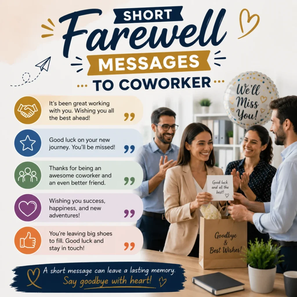 Short farewell messages to coworker infographic with heartfelt goodbye quotes and coworkers celebrating in the office.