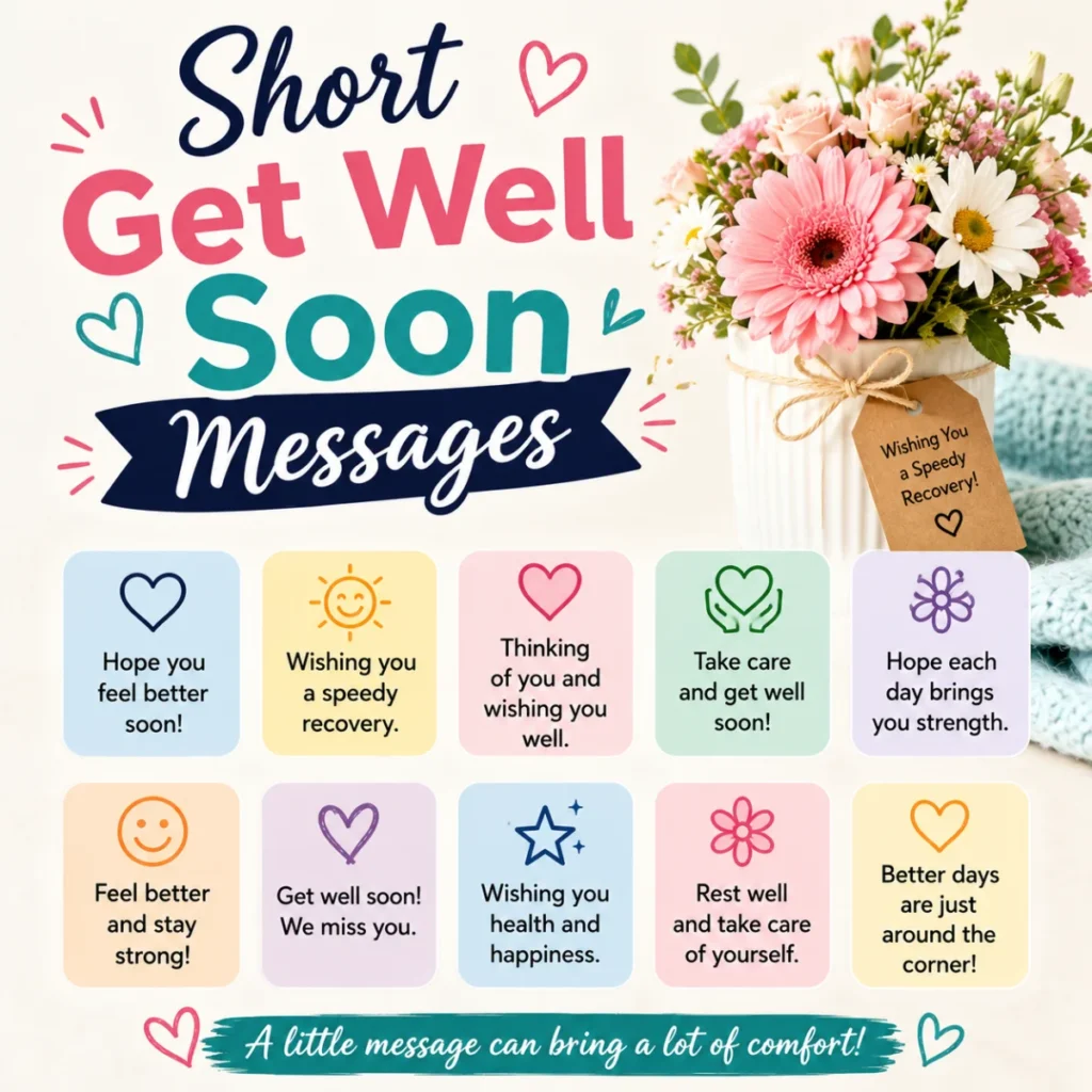 Short get well soon messages with recovery wishes, flowers, and greeting card ideas for friends and family