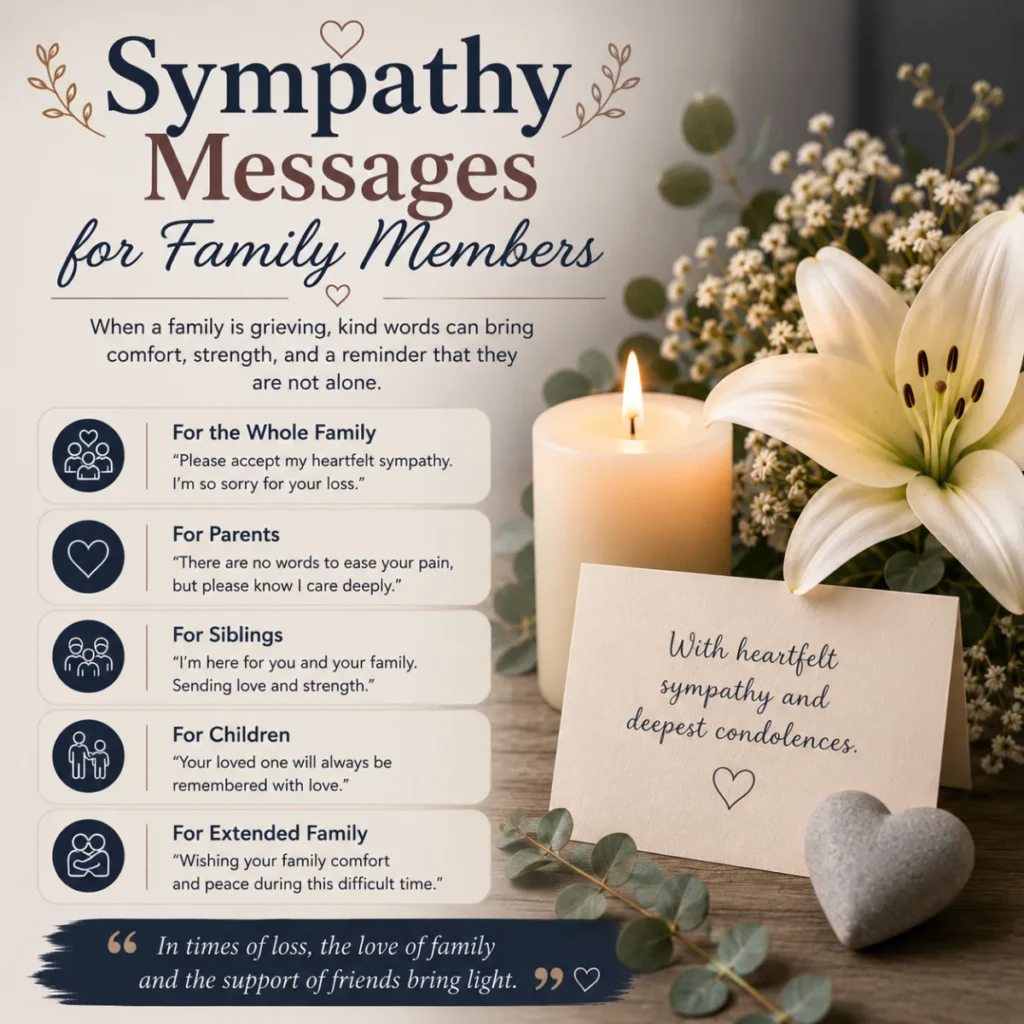 Sympathy messages for family members with candle, white lily flower, condolence card, and heartfelt support quotes