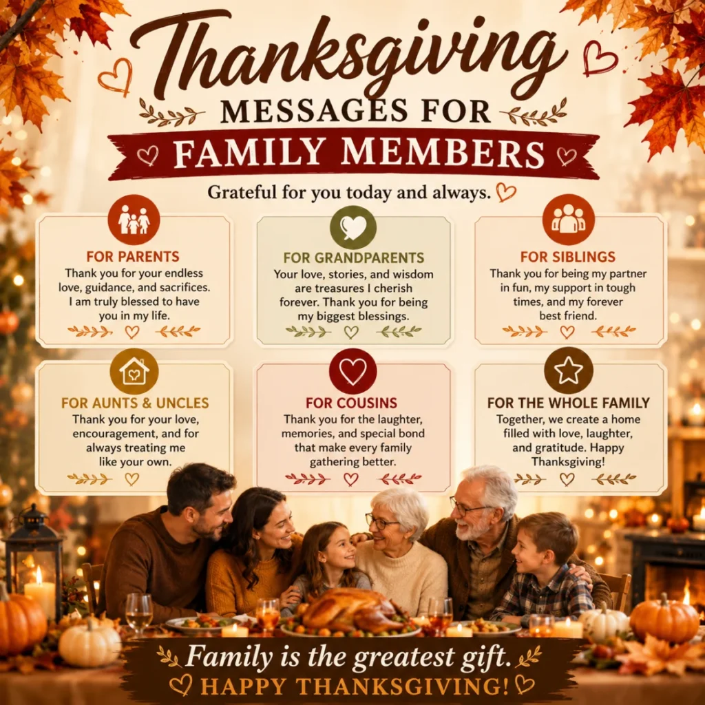Thanksgiving messages for family members with a warm family dinner, pumpkins, and heartfelt gratitude wishes