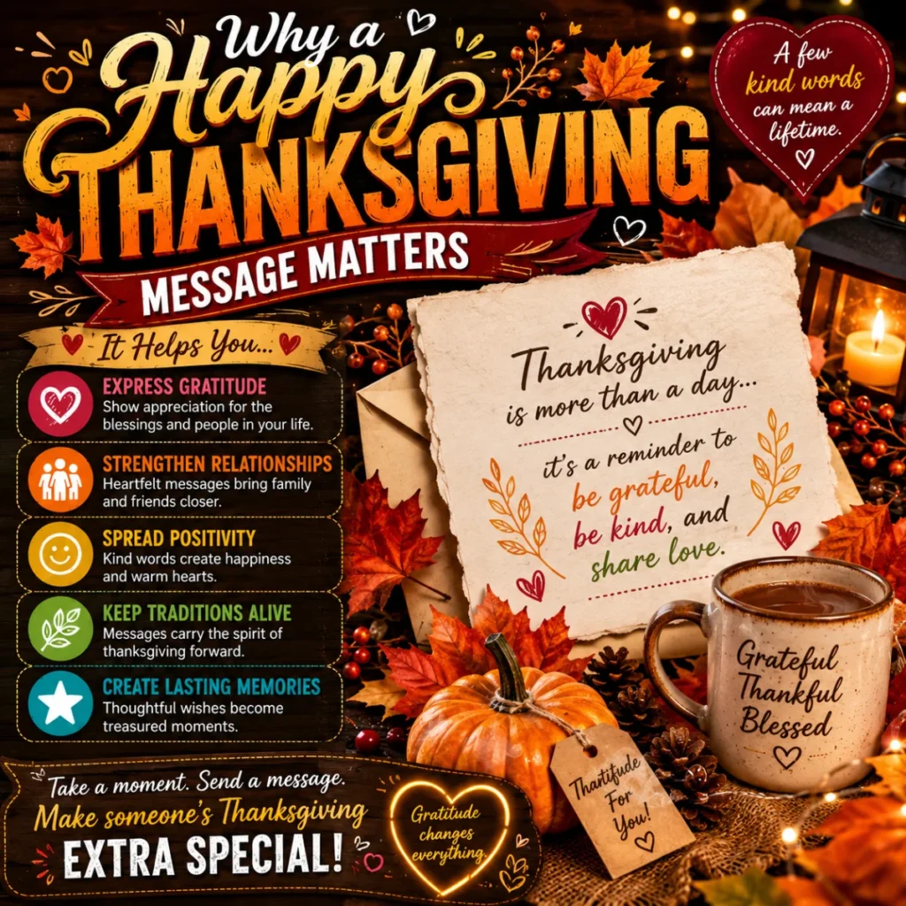 Why a Happy Thanksgiving message matters infographic with gratitude quotes, autumn leaves, and family celebration