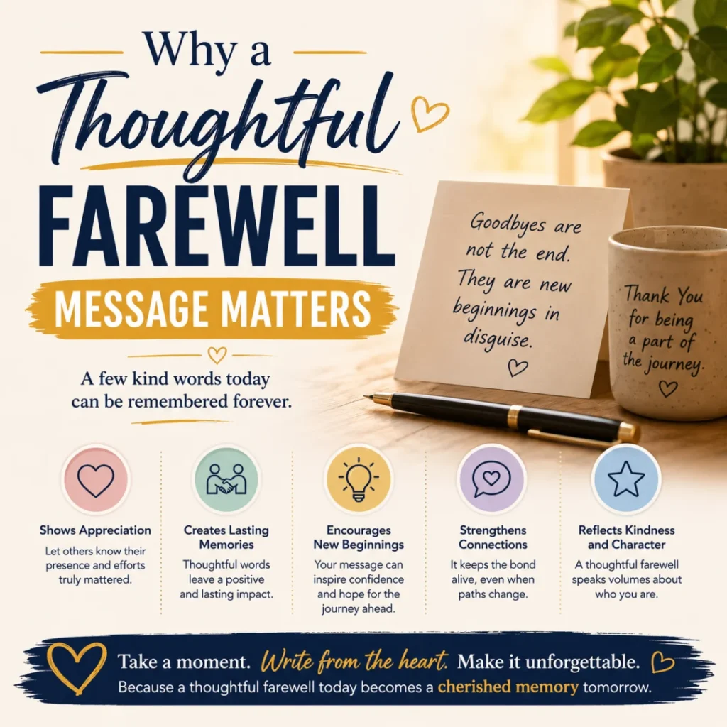 Why a thoughtful farewell message matters infographic showing appreciation, memories, connections, and new beginnings