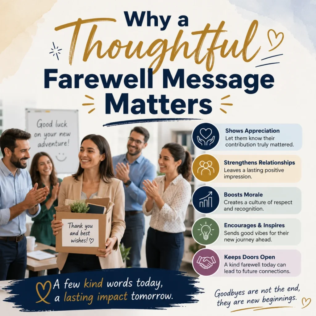 Why a thoughtful farewell message matters infographic with coworkers celebrating and key benefits of meaningful workplace goodbyes.