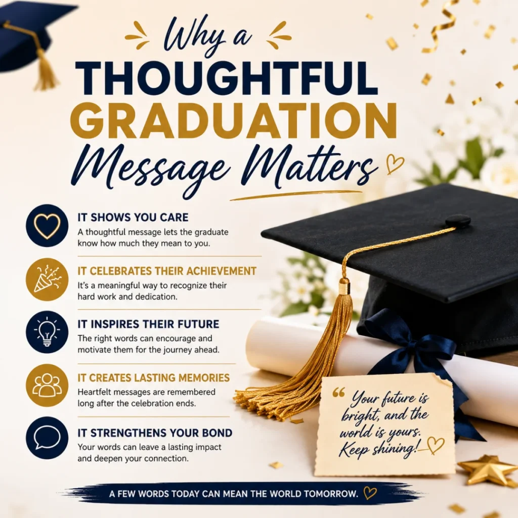 Why a Thoughtful Graduation Message Matters infographic with graduation cap, diploma, and meaningful reasons to inspire graduates.