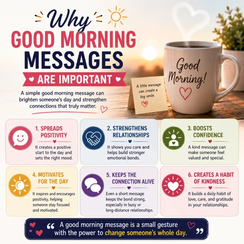 Why good morning messages are important infographic with sunrise, coffee mug, and benefits of daily morning greetings