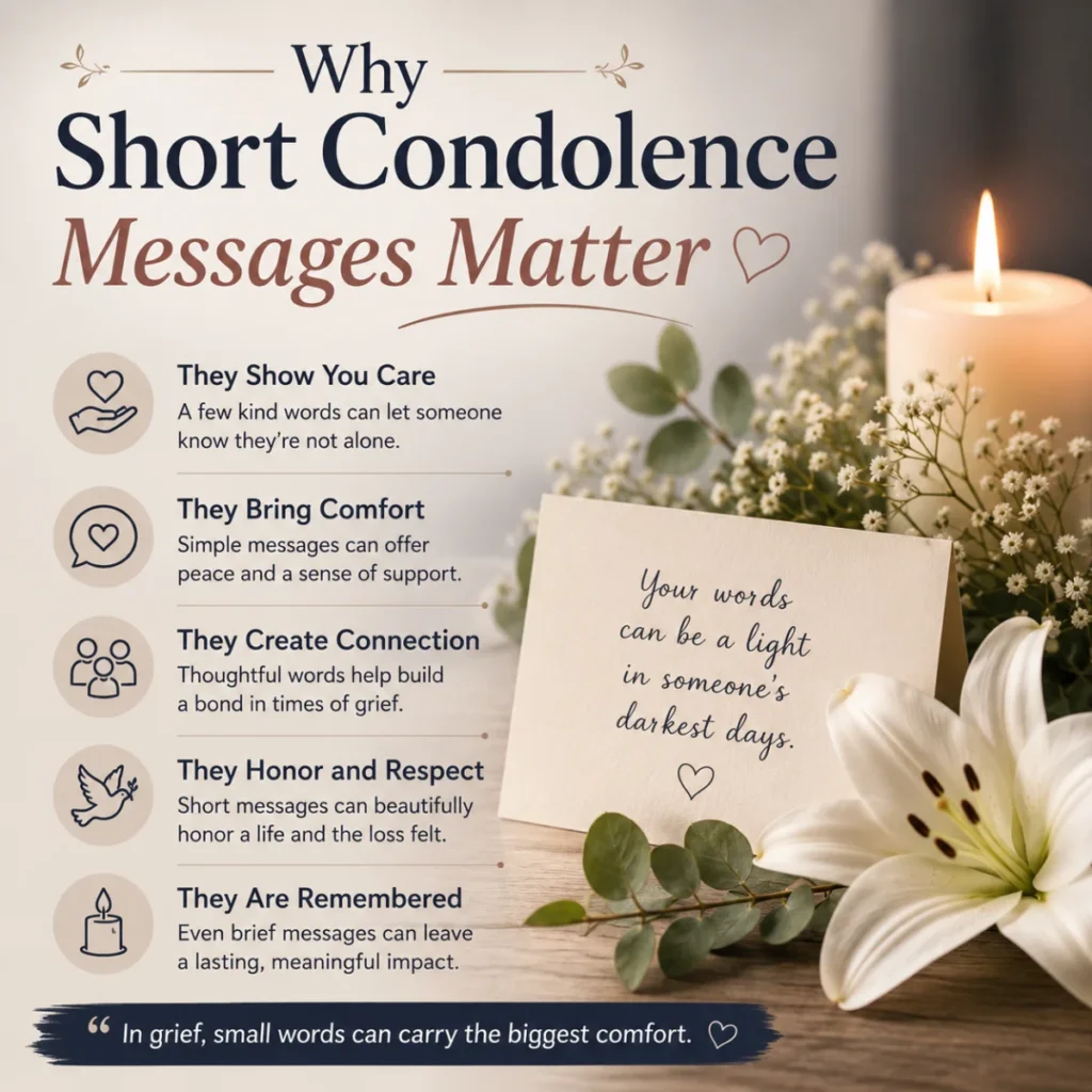 Why short condolence messages matter infographic with candle, white lily, sympathy card, and grief support tips