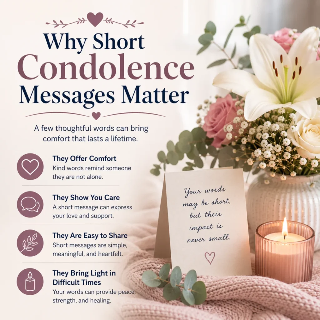 Why short condolence messages matter image with flowers, candle, and comforting note about offering support