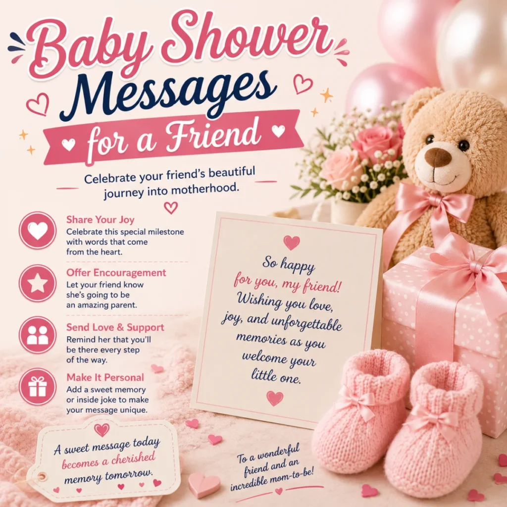Baby shower messages for a friend with teddy bear, baby booties, gift box, and heartfelt wishes for moms-to-be