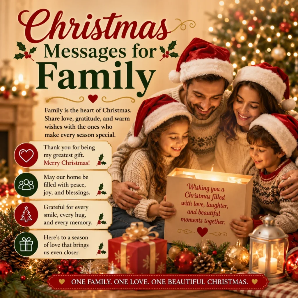 Christmas messages for family with a joyful family, festive gifts, Christmas tree, and warm holiday decorations.