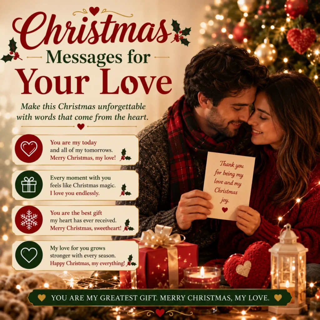 Christmas messages for your love with a romantic couple, holiday gifts, Christmas tree, and cozy festive decorations.
