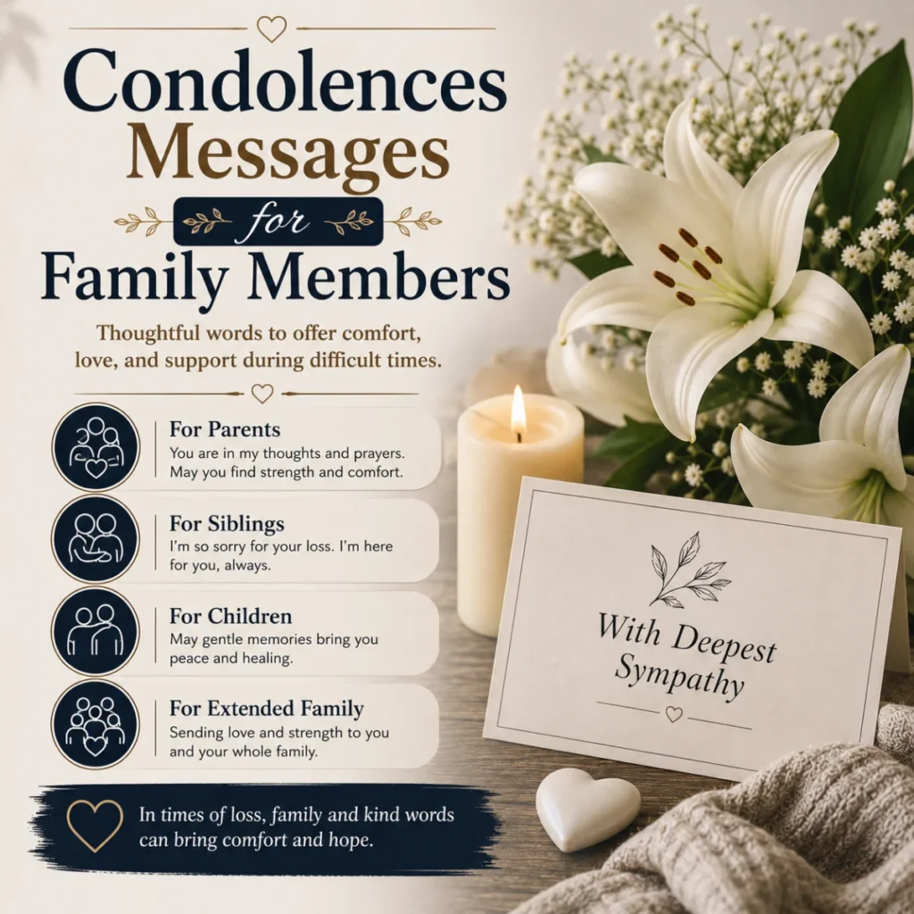 Condolences messages for family members with white lilies, candle, and sympathy card expressing comfort and support