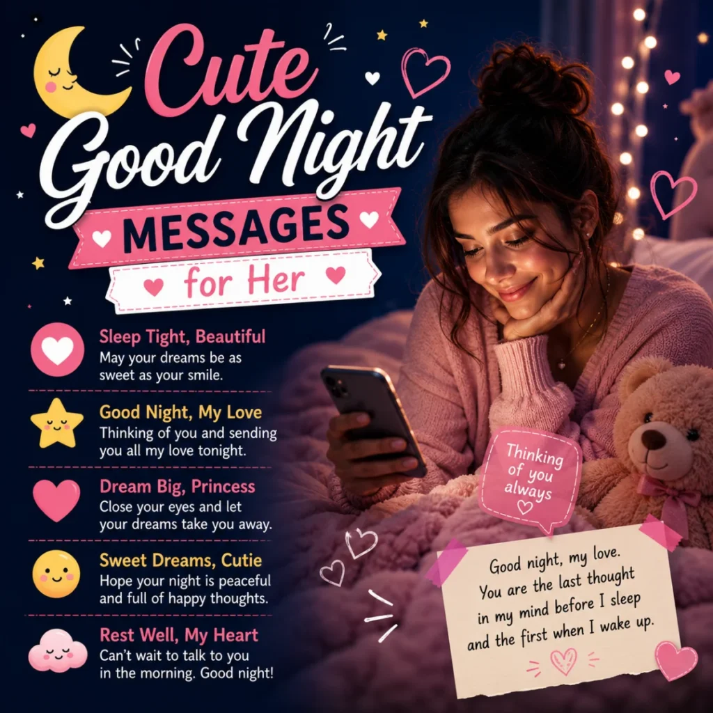 Woman smiling at a sweet good night text with cute bedtime messages for her in a cozy bedroom setting