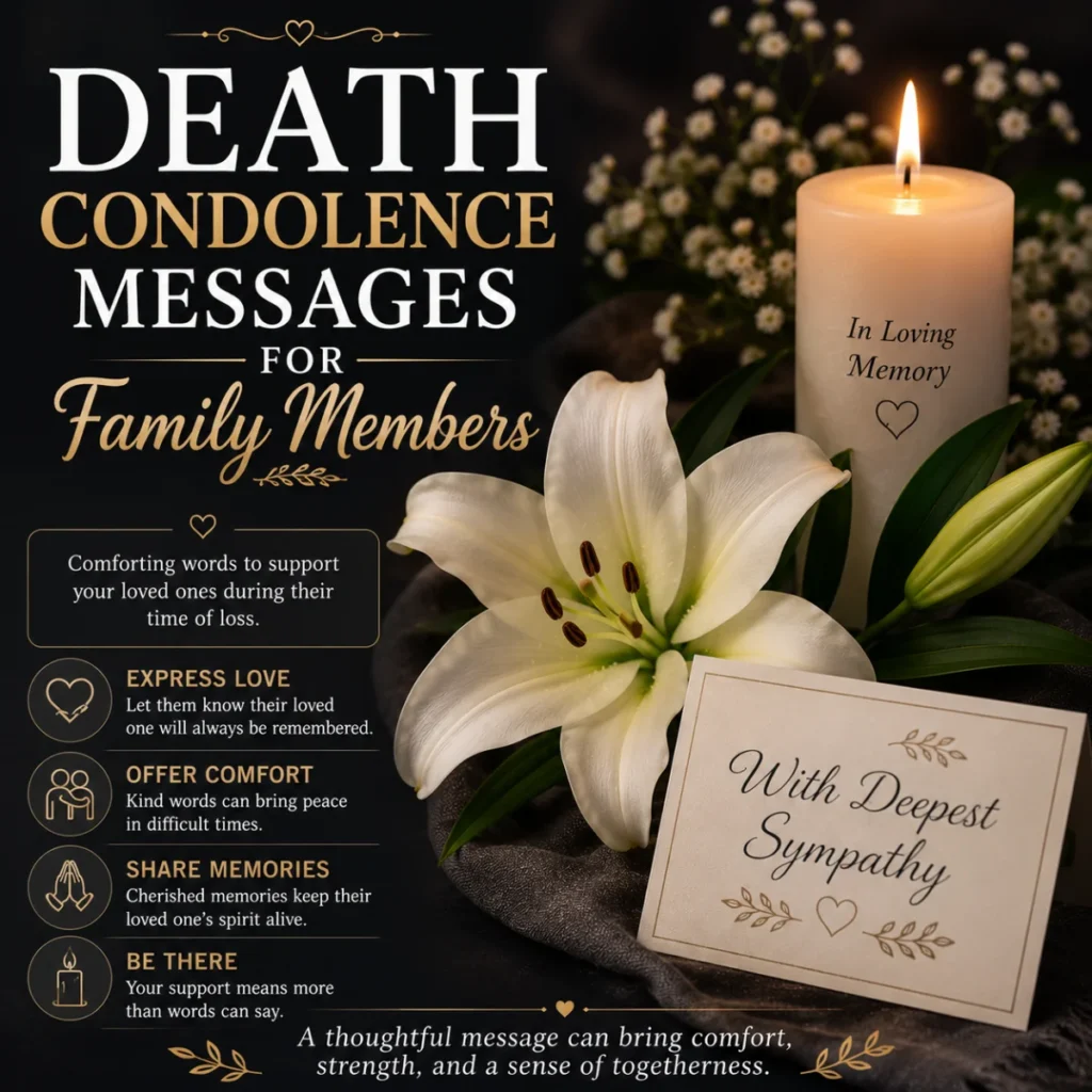 Death Condolence Messages for Family Members with a memorial candle, white lily, and sympathy card